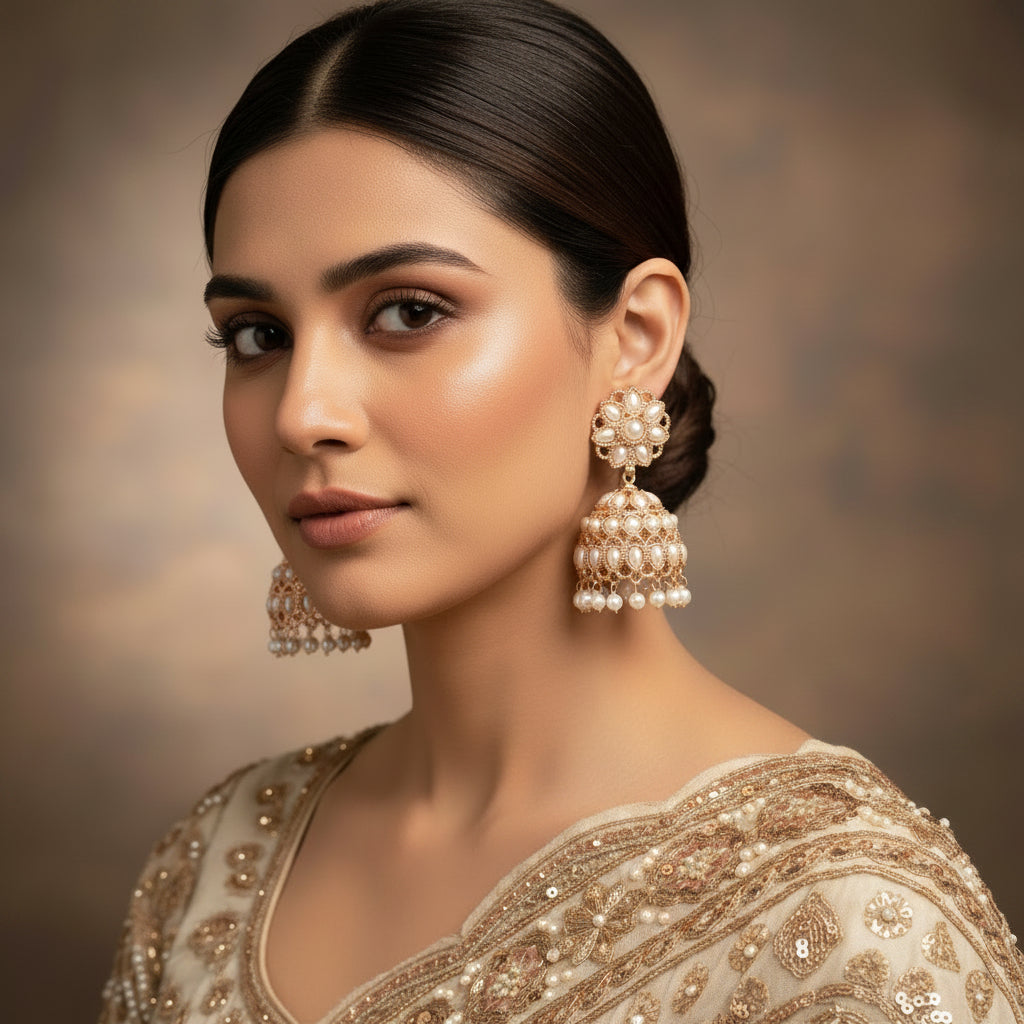 Pair of gold and pearl earrings on a dark background