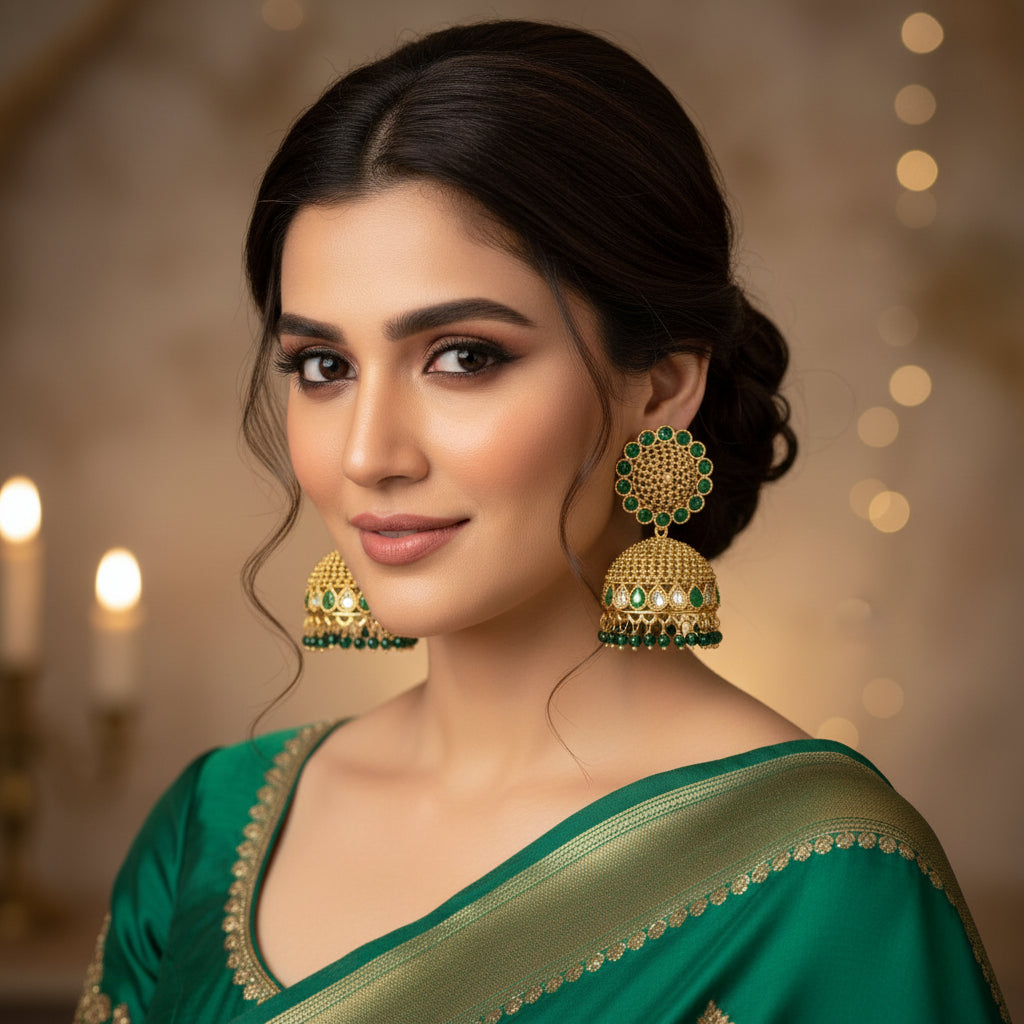 Gold and green earrings on a gray stand against a black background