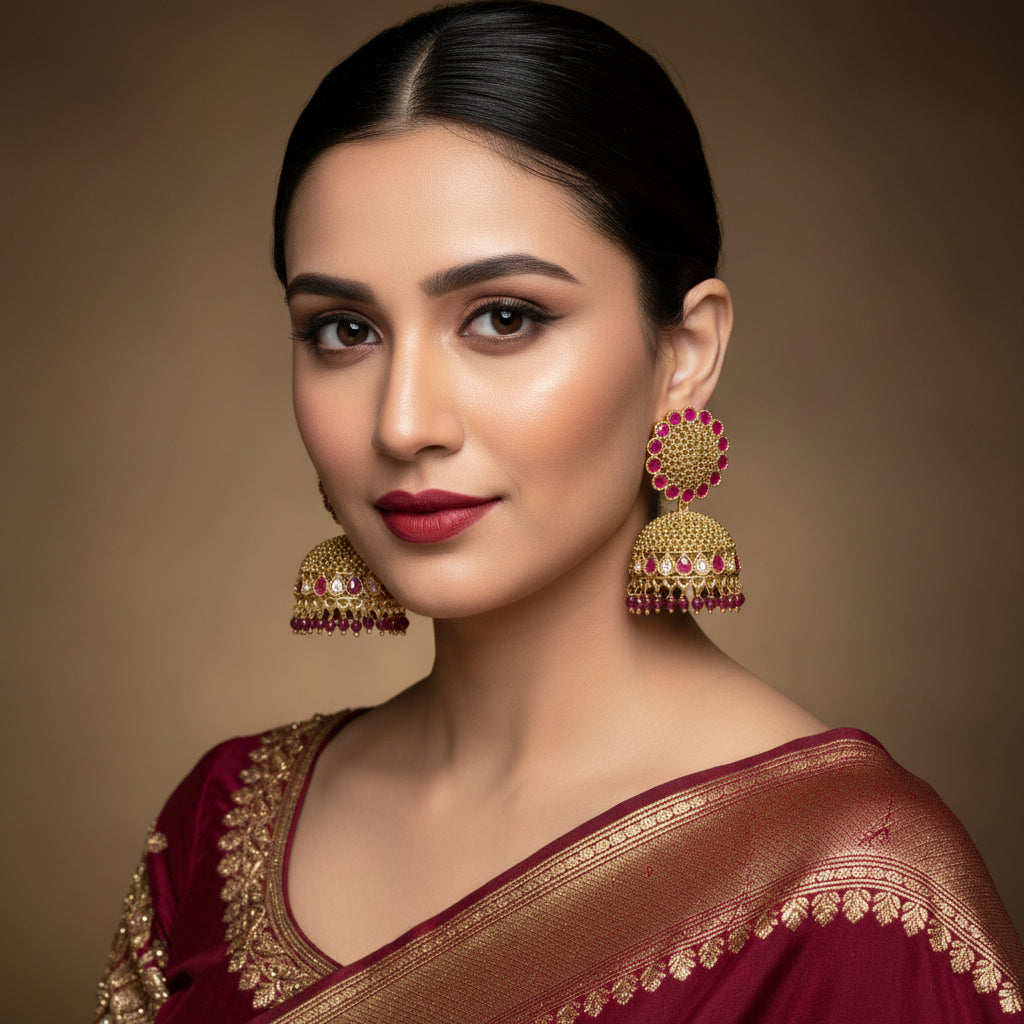 Gold and pink earrings on a gray stand with a black background