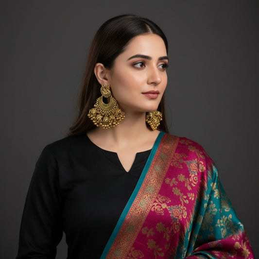 Pair of gold earrings on a black background