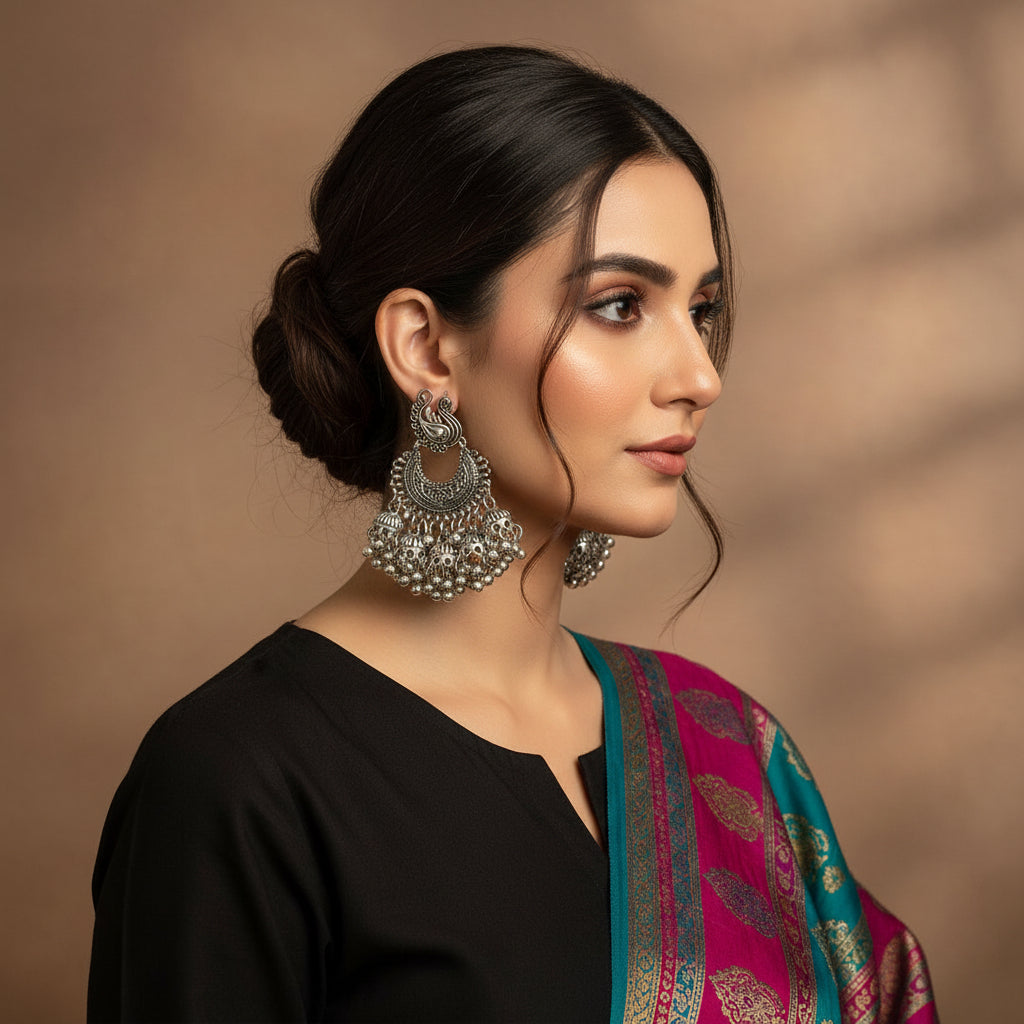 Pair of silver earrings on a black background