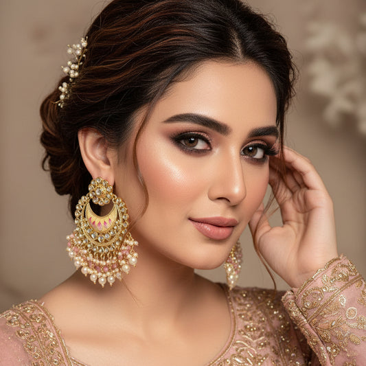 Pair of gold and pearl earrings with pink stones on a black background