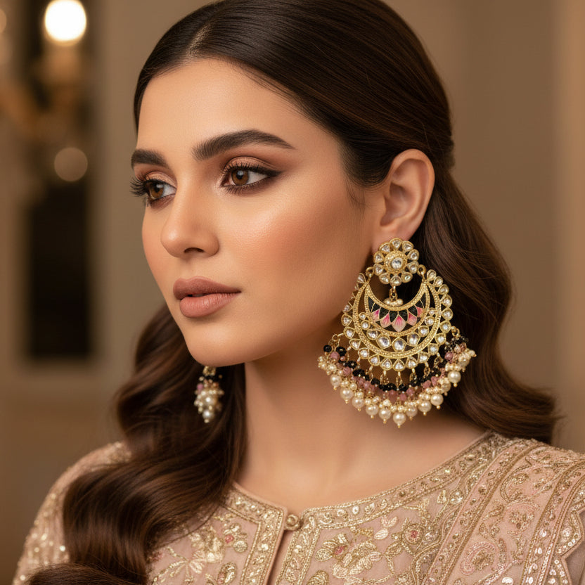 Pair of ornate earrings with gold, pearls, and gemstones on a dark background