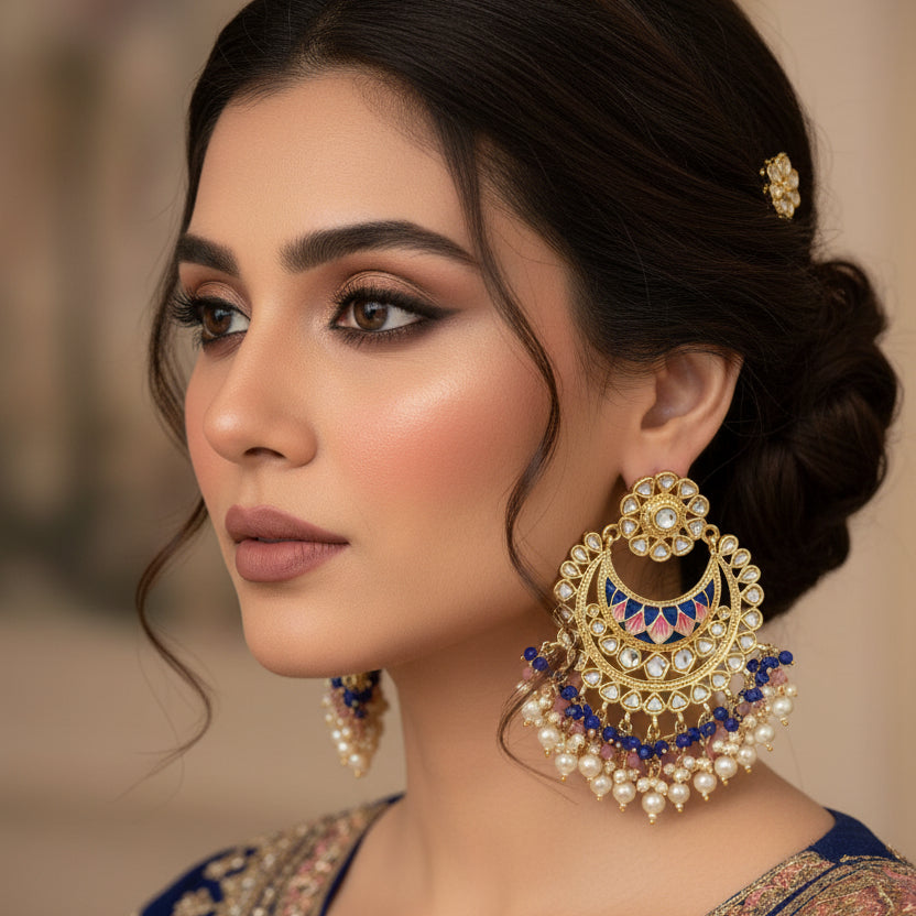 Pair of ornate earrings with gold, blue, and pink beads on a dark background