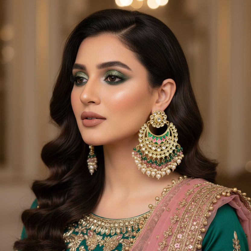 Pair of ornate earrings with gold, green, and pink stones on a dark background