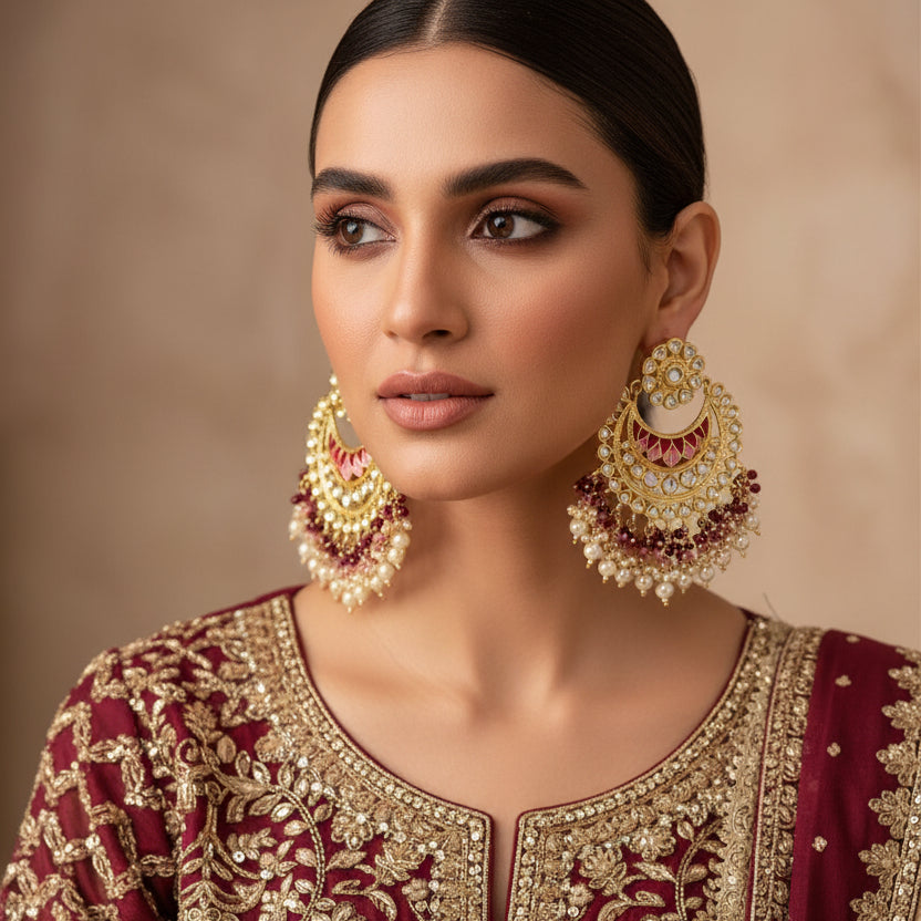 Pair of ornate earrings with gold, red, and pearl details on a dark background