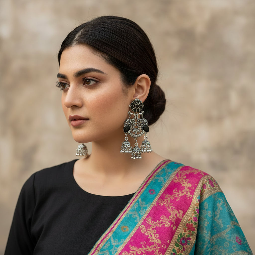 Pair of silver earrings on a black background