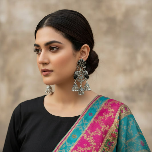Pair of silver earrings on a black background
