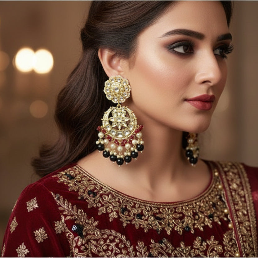 Pair of ornate earrings with gold, black, and red stones on a dark background