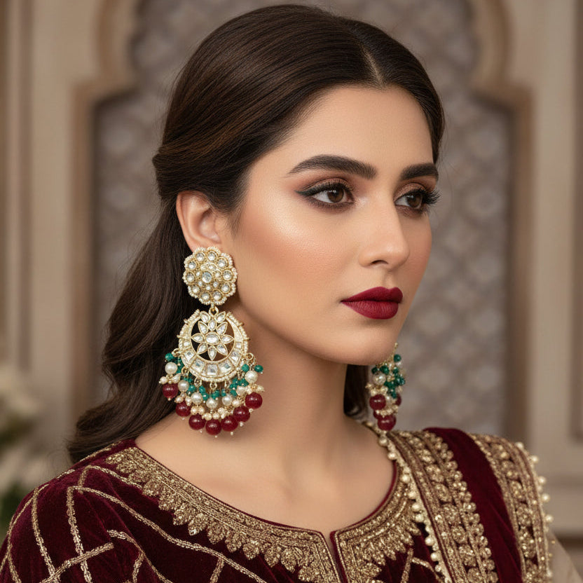 Pair of ornate earrings with green and red beads on a dark background