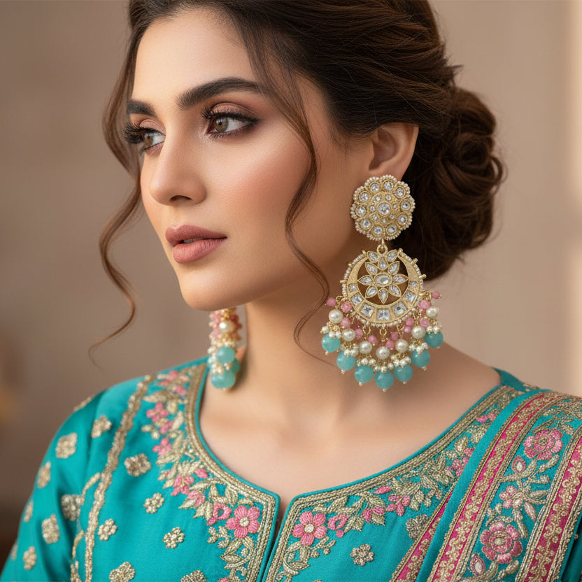 Pair of ornate earrings with turquoise and pink beads on a dark background, branded 'SAHELI'.