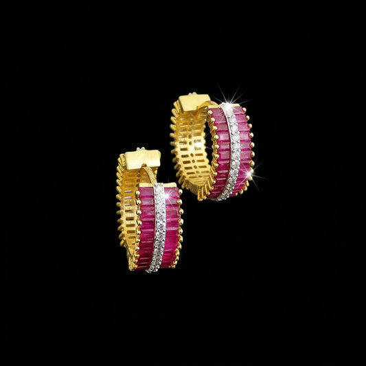 Gold and pink earrings on a gray background with 'SAHELI' branding.