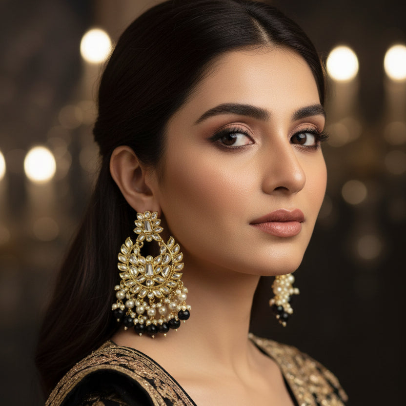 Pair of gold and black earrings on a dark background