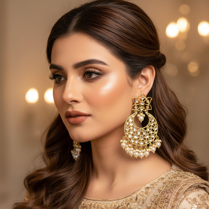 Pair of gold and pearl earrings on a black background