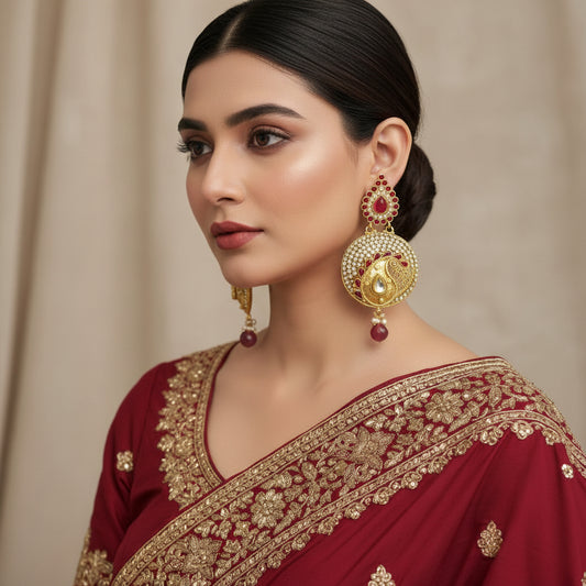 Gold earrings with red and white stones on a dark background, branded 'Saheli'.