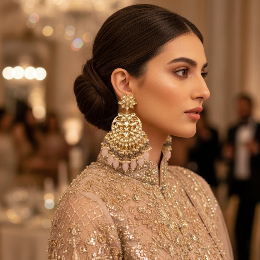 Gold and pink earrings on a dark background