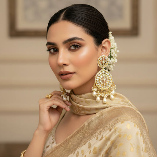 Pair of gold and pearl earrings on a dark background