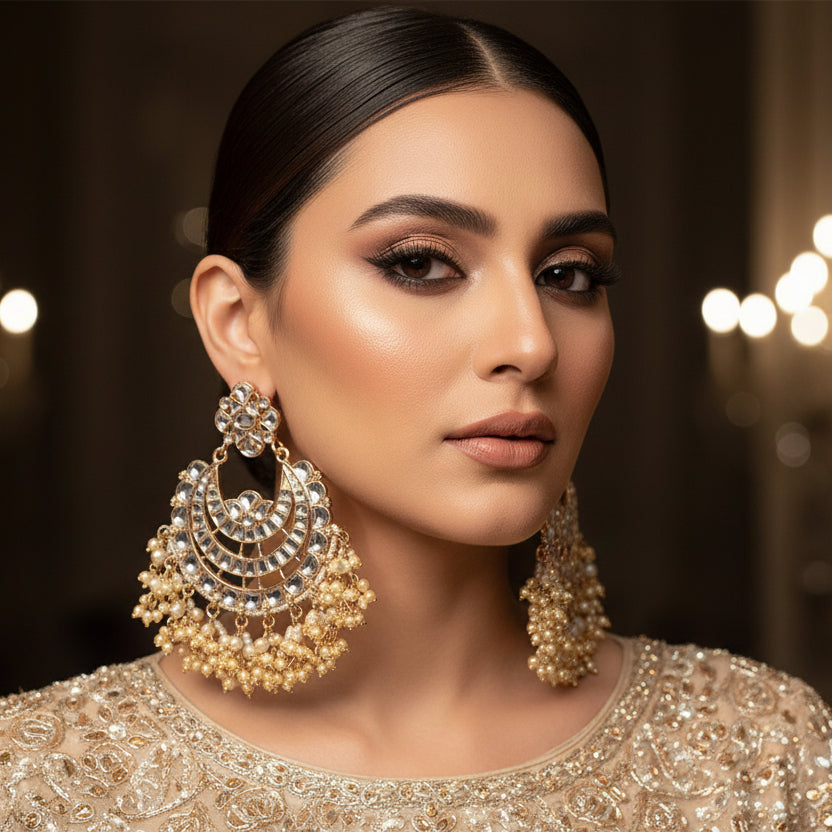 Pair of ornate earrings with gold and pearl details on a dark background