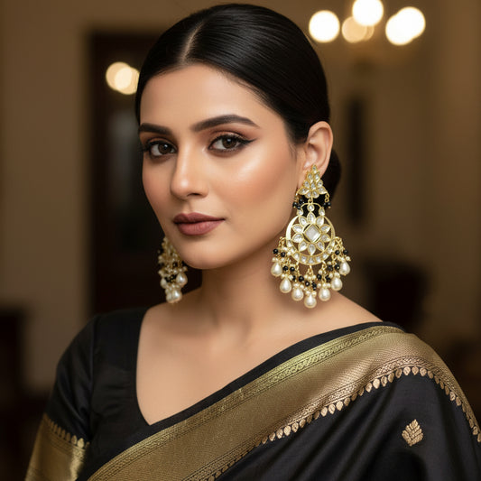 Pair of ornate earrings with pearls and black stones on a dark background
