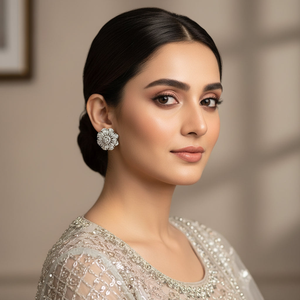 Pair of diamond earrings on a dark background with 'Saheli' branding.