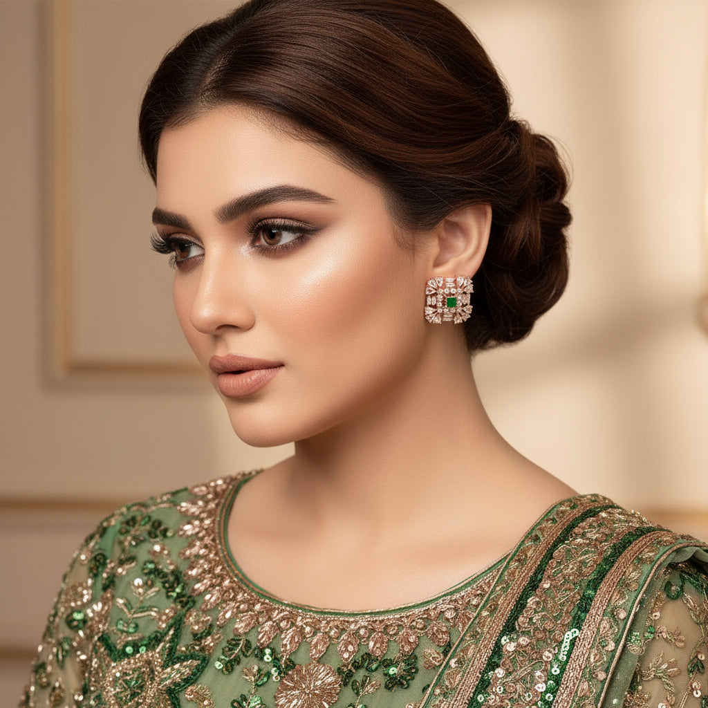 Pair of square-shaped earrings with green gemstones on a gray background, featuring the brand 'Saheli'.