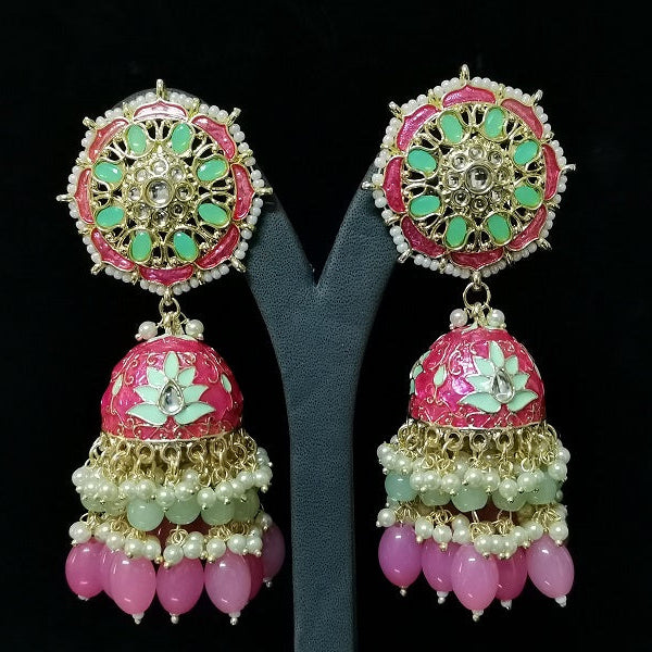 Pair of pink and green earrings on a black background