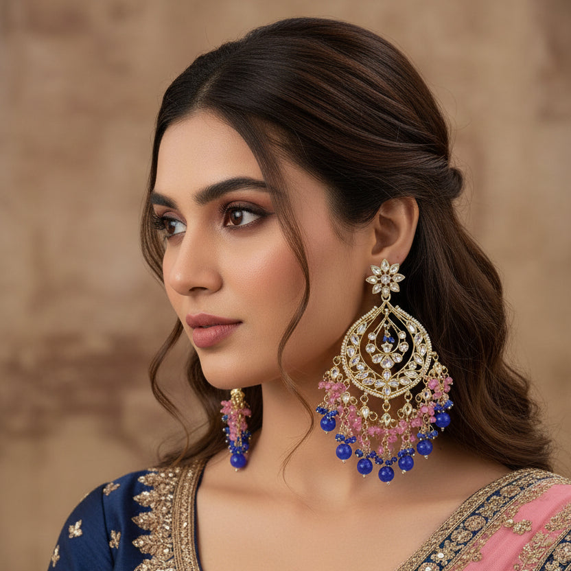 Pair of chandelier earrings with blue and pink beads on a dark background