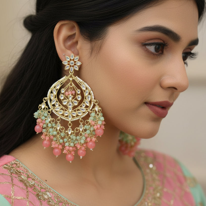 Pair of ornate earrings with pink and green beads on a dark background