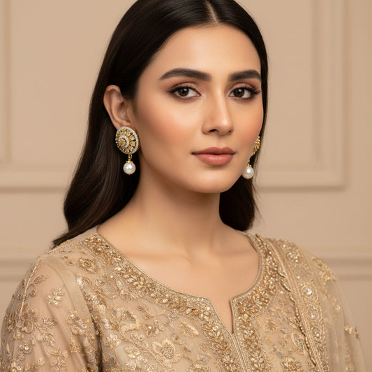 Gold and pearl earrings on a gray stand with 'SAHELI' branding.