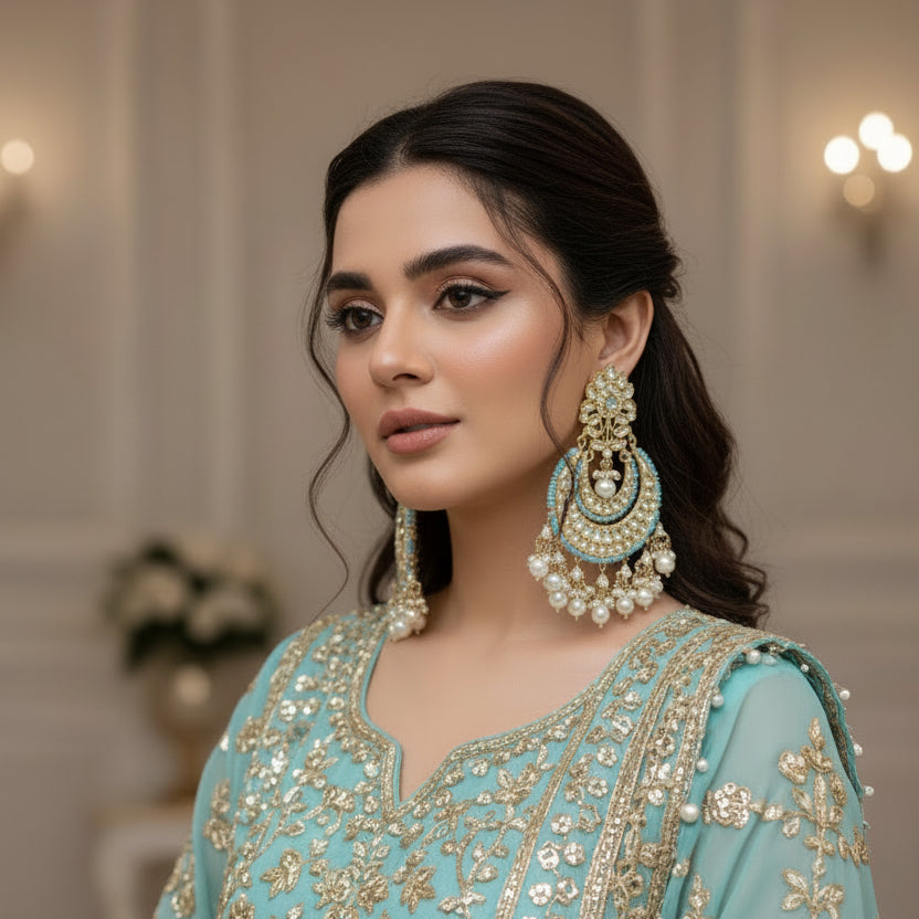 Pair of ornate earrings with pearl-like beads on a dark background
