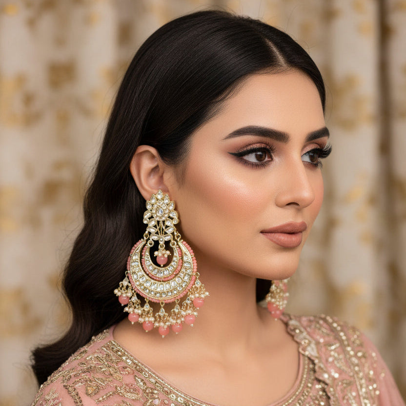 Pair of pink and gold earrings on a dark background