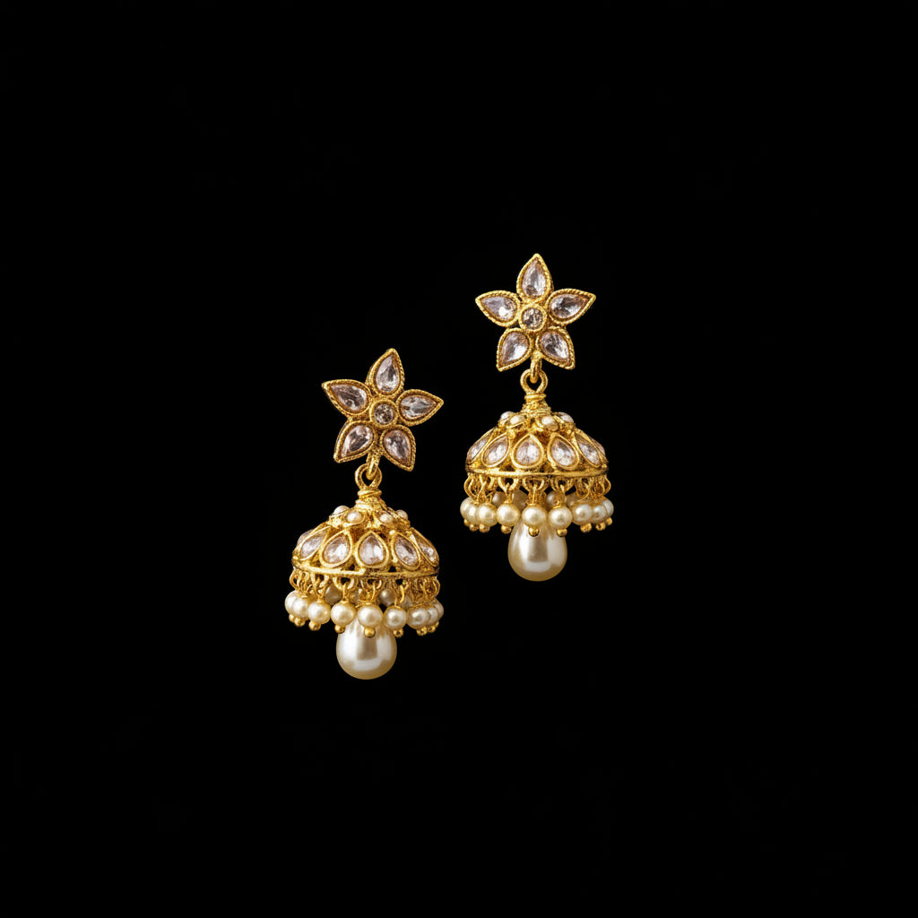 A pair of gold-toned traditional Indian jhumka earrings with white pearl-like beads and clear rhinestone embellishments, displayed on a black jewelry stand against a gray background. The brand logo 'SAHELI MY BEST FRIEND' is visible at the top.