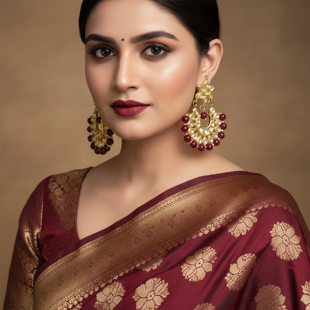 Gold and red earrings on a dark background with 'Saheli' branding.