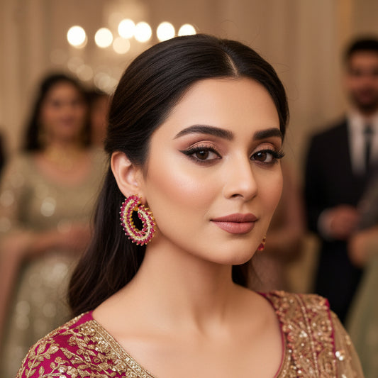 Ornate earrings with pink and gold details on a gray background, featuring the brand 'Saheli'.