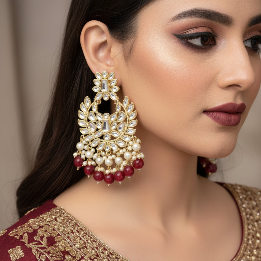 Pair of ornate earrings with gold, pearl, and red bead details on a dark background