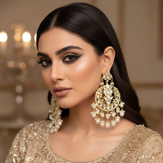 Pair of gold and pearl earrings on a dark background