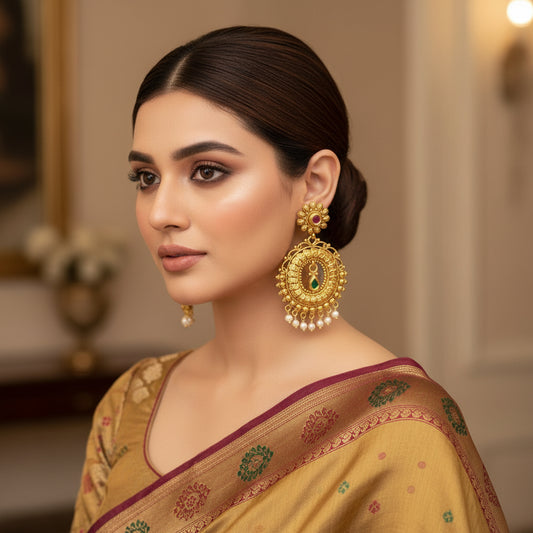 Gold earrings with red and green gemstones on a gray background, branded 'Saheli'.