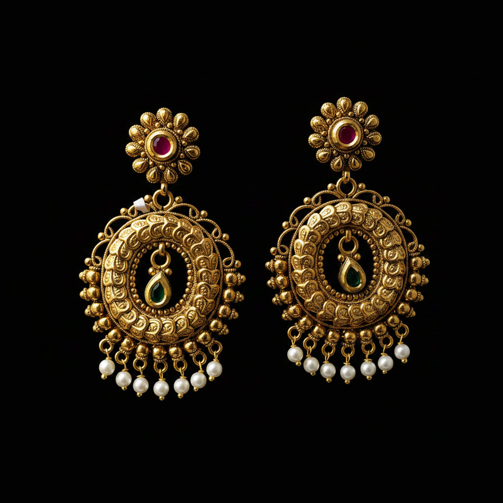 Gold earrings with red and green gemstones on a gray background, branded 'Saheli'.