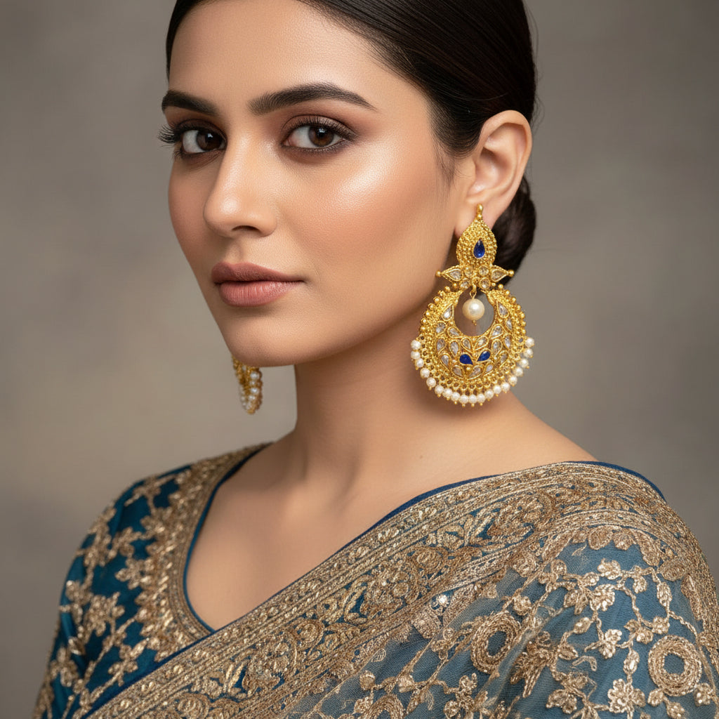 Gold earrings with pearls and gemstones on a dark background, branded 'SAHELI'.