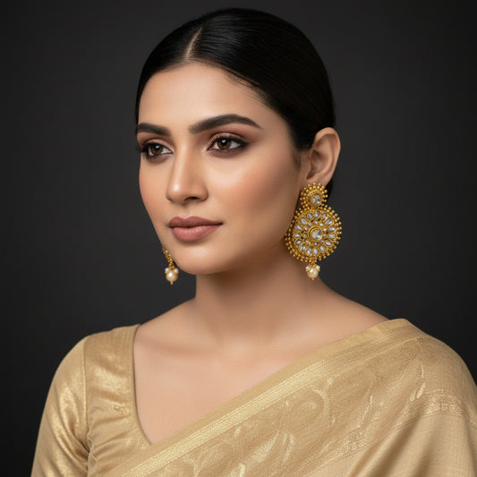 Gold earrings with intricate designs on a dark background, featuring the brand 'Saheli'.