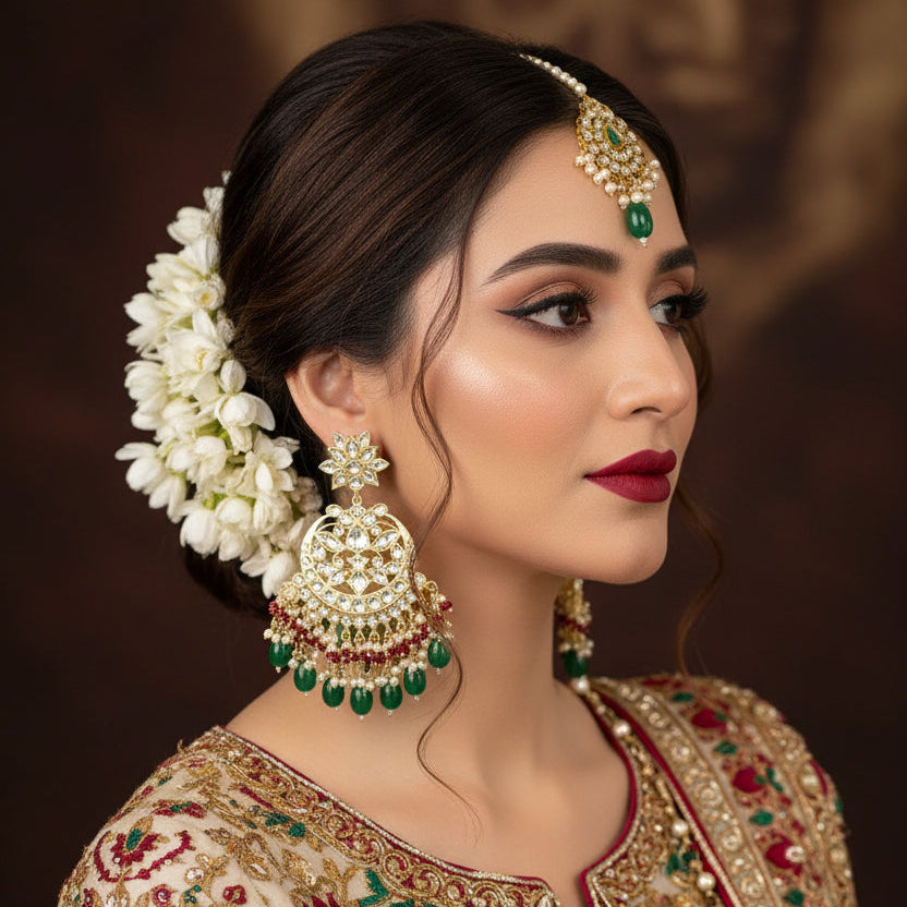 Ornate earrings with green and red stones on a dark background, featuring the brand 'Saheli'.