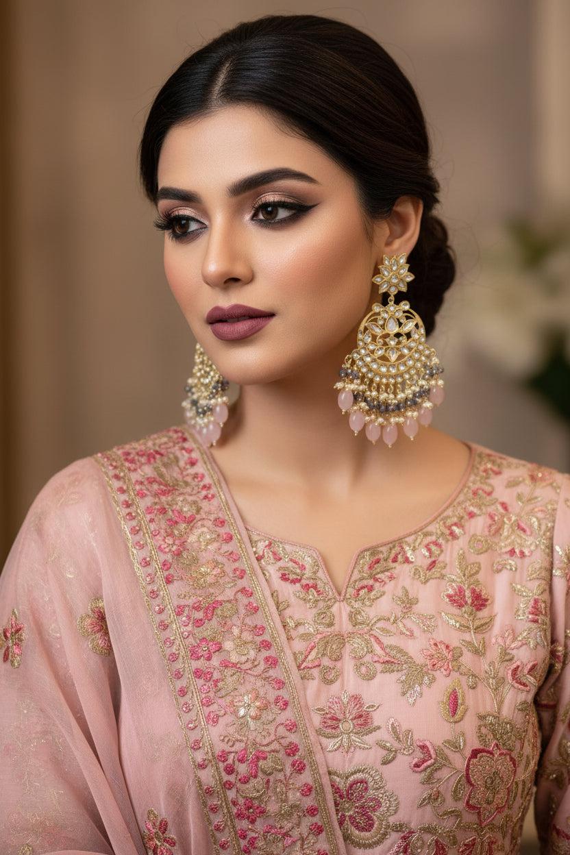 Ornate gold and gemstone earrings on a black background
