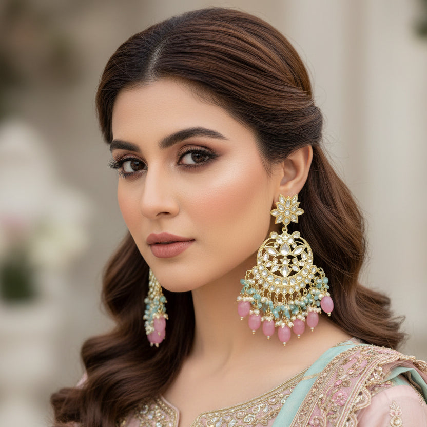 Ornate earrings with pink and blue stones on a dark background, branded 'SAHELI'.