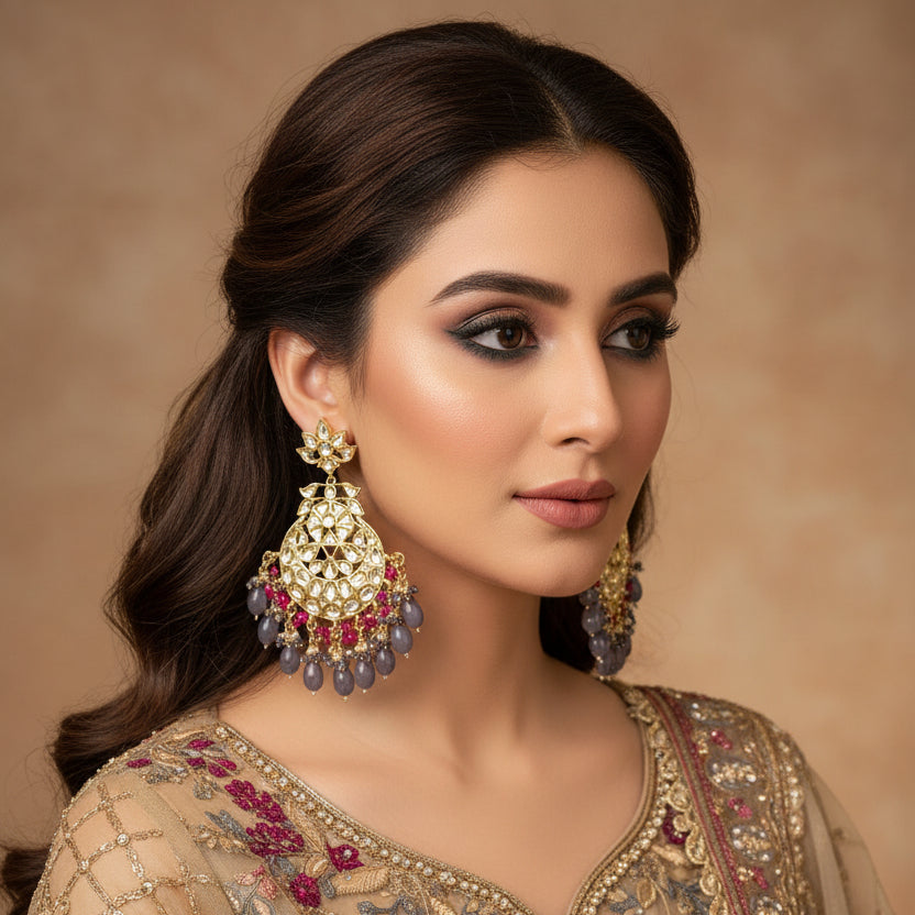 Pair of ornate earrings with purple and red stones on a dark background