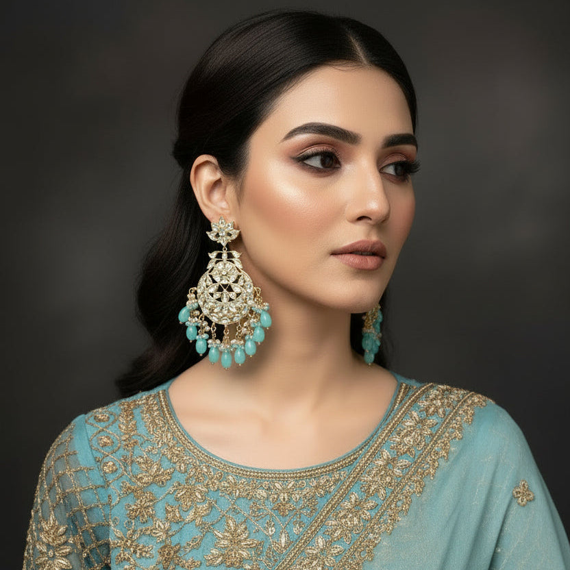 Pair of ornate earrings with turquoise stones on a dark background