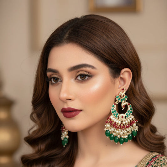 Pair of ornate earrings with peacock design, green, red, and pearl details on a dark background.