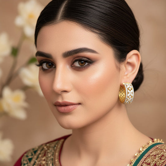 Gold hoop earrings with diamond accents on a dark background, featuring the brand 'Saheli'.