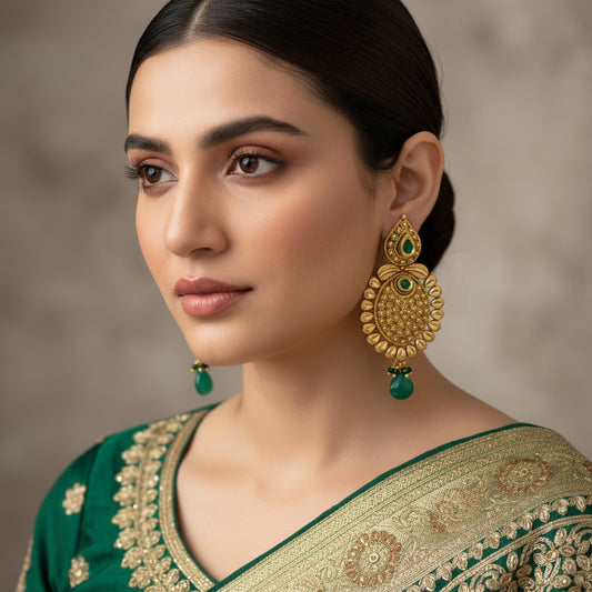 Gold earrings with green gemstones on a dark background, featuring the brand 'SAHELLI'.