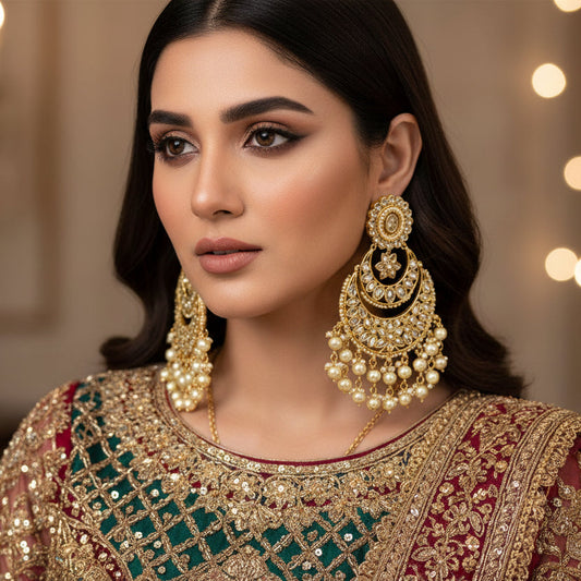 Pair of gold and pearl earrings on a dark background