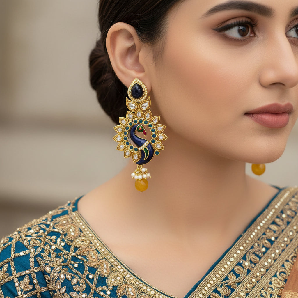 Ornate earrings with peacock design on a dark background, branded 'Saheli'.